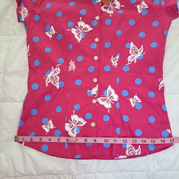 Dead Threads Womens M Shirt Pink Blue Polka Dots Butterfly Girly Button Down - Picture 6 of 11